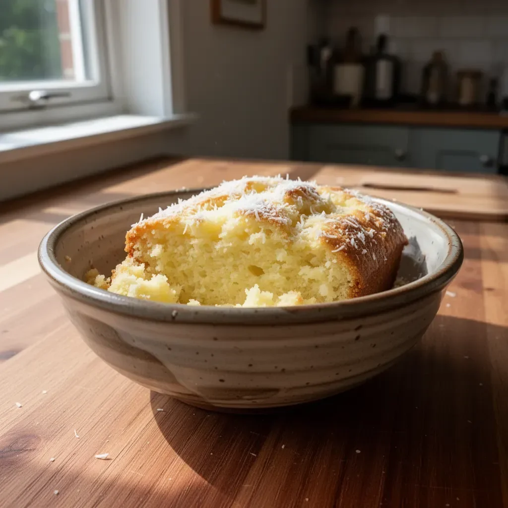 Slice of delicious Coconut Lemon Loaf Cake topped with coconut flakes and lemon zest