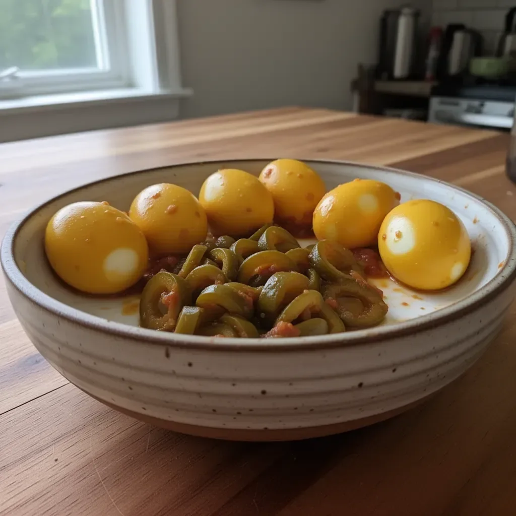 Homemade Cowboy Candy Pickled Eggs served on a plate