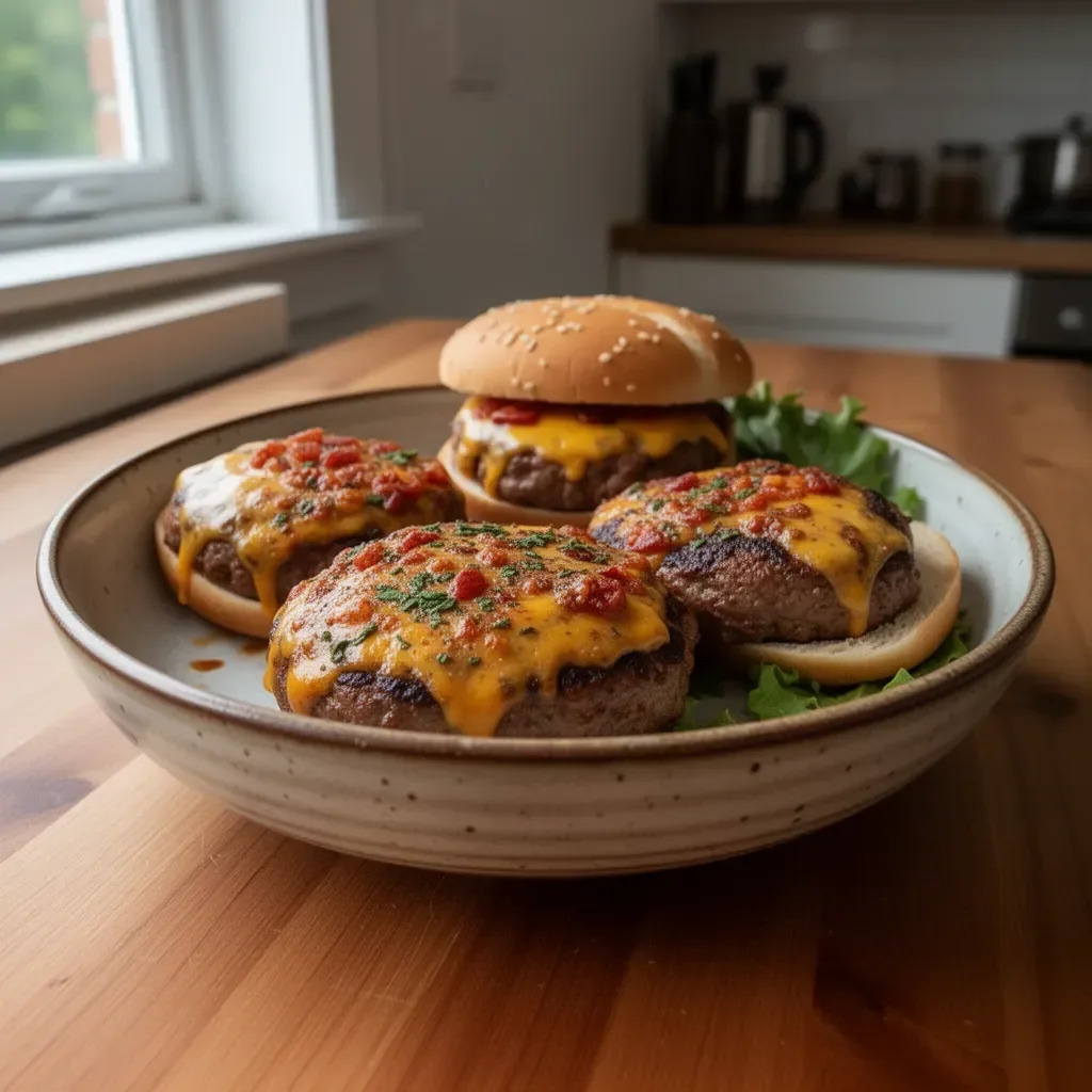 Delicious Crack Burgers served with toppings and fries