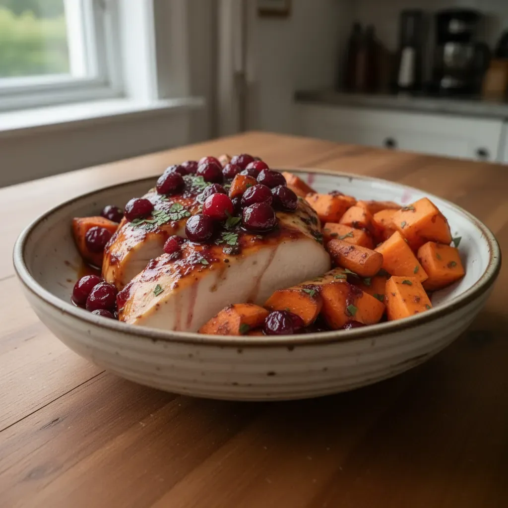 Cranberry Glazed Chicken served with carrots and sweet potatoes