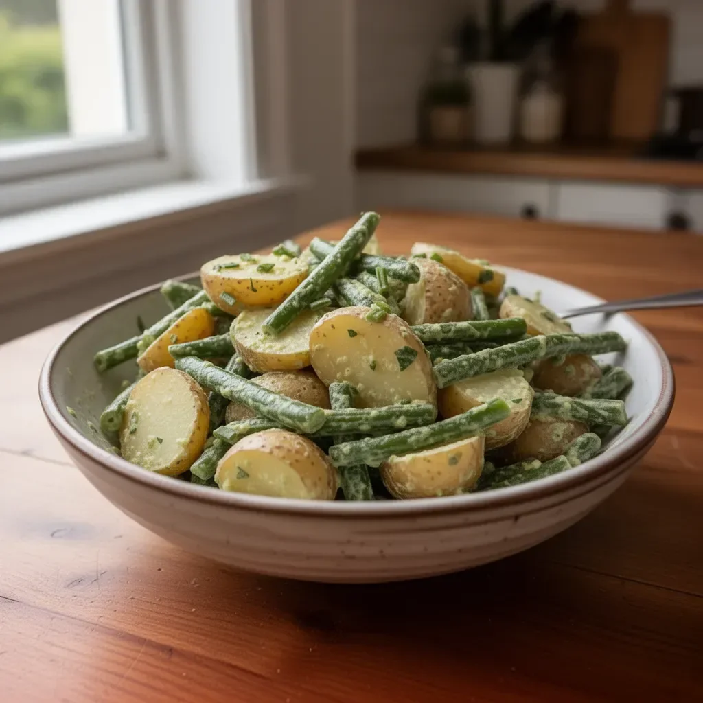 Creamy green bean potato salad served in a bowl with fresh ingredients.