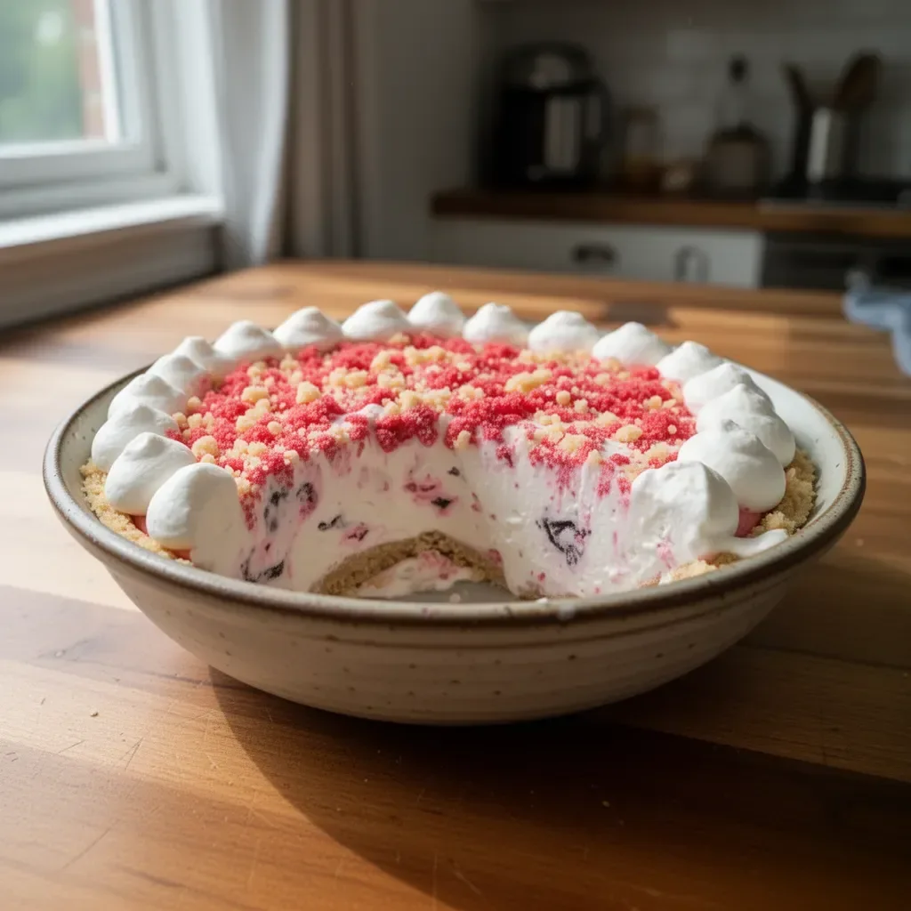 A delicious creamy ice cream pie topped with whipped cream and chocolate drizzle