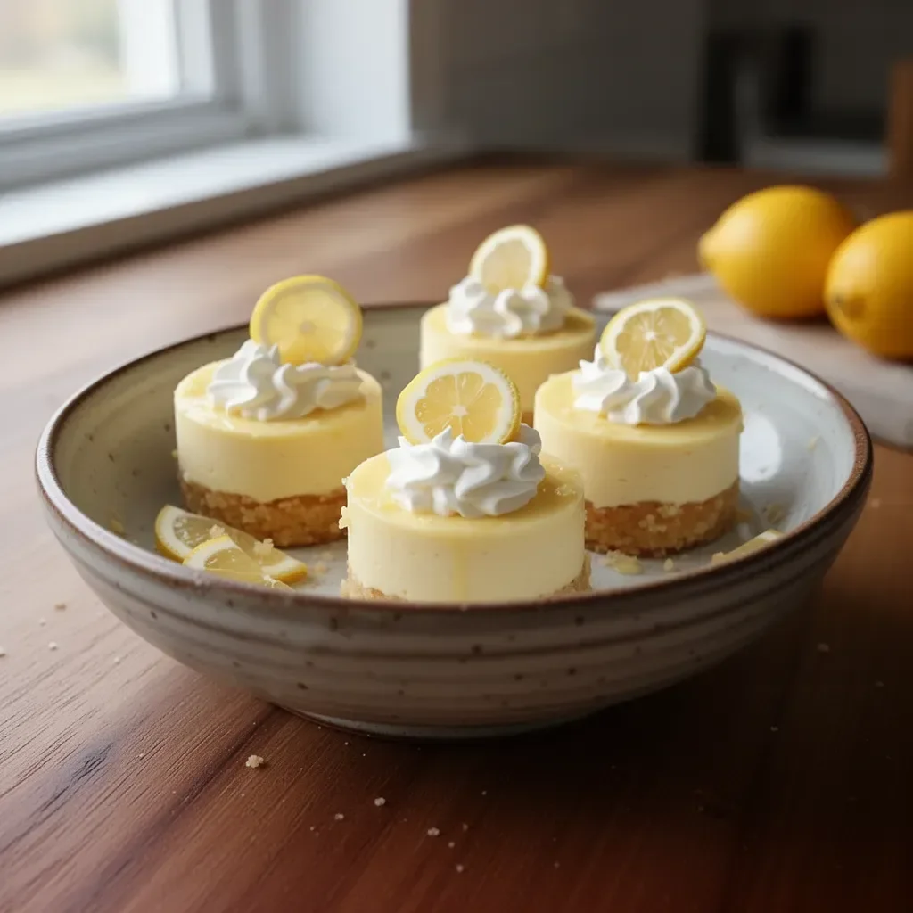 Delicious creamy mini lemon cheesecakes topped with fresh citrus zest.