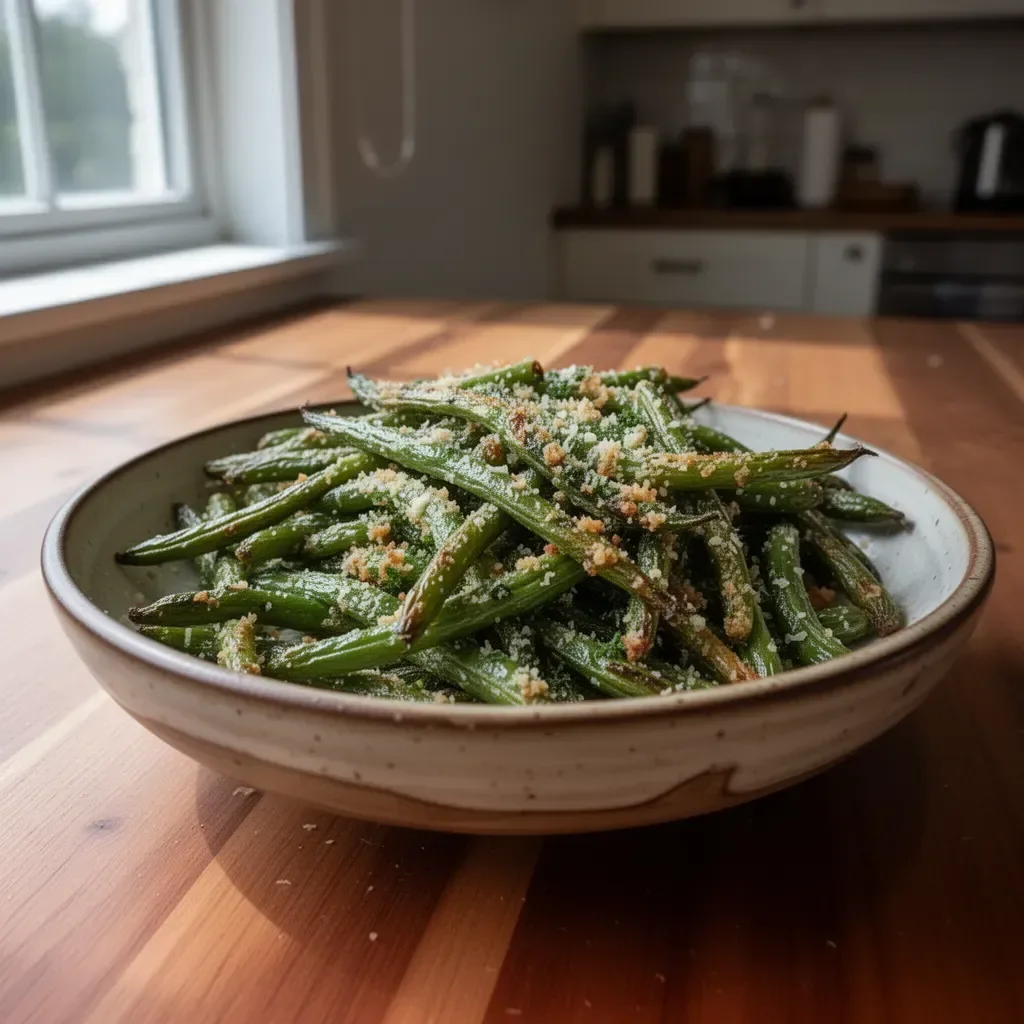Crispy garlic parmesan roasted green beans on a serving plate