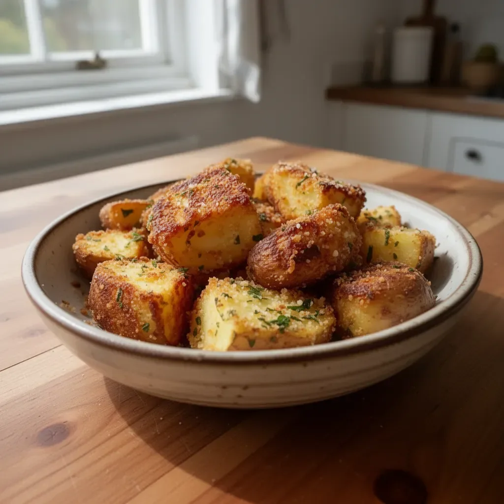 Crispy Parmesan potatoes golden and delicious, served as a side dish