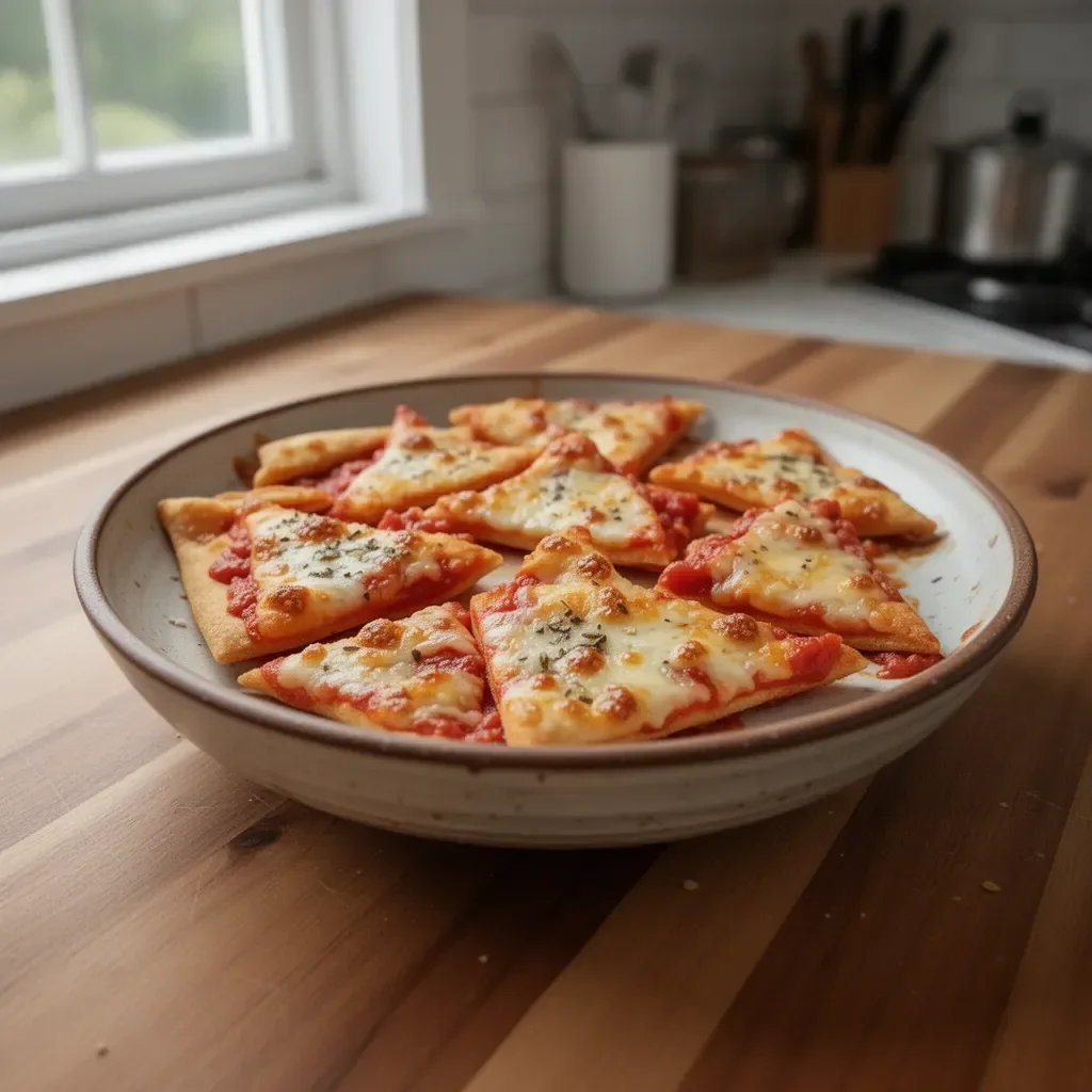 Bowl of crispy pizza chips, a delicious snack alternative to traditional pizza