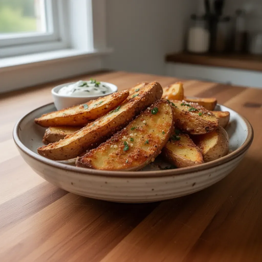 Plate of crispy potato wedges served with dipping sauce