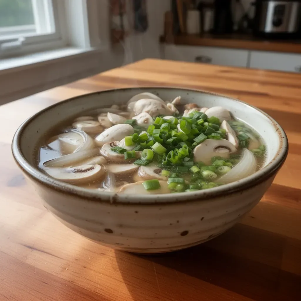 Crock Pot Japanese onion soup garnished with green onions and served in a bowl.