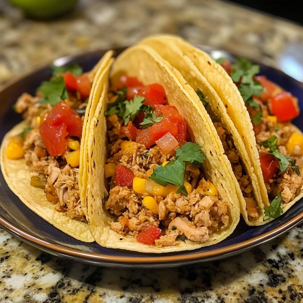 Crockpot Chicken Taco Meat served in a taco shell with toppings
