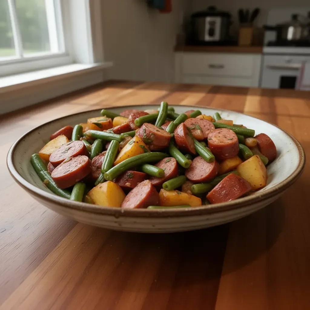 Delicious Crockpot Kielbasa and Green Beans in a slow cooker