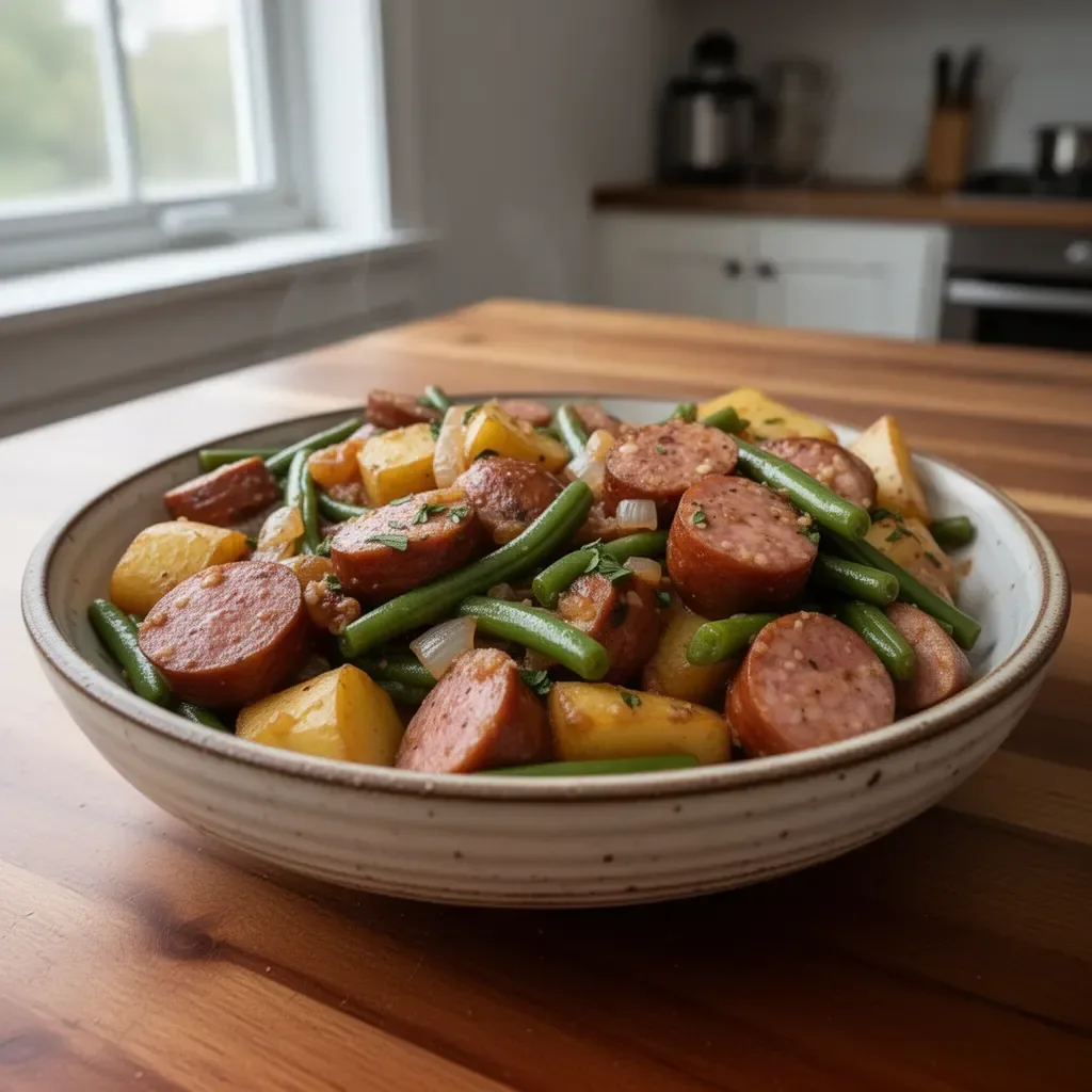 Crockpot sausage and green beans served in a bowl, ready to eat.