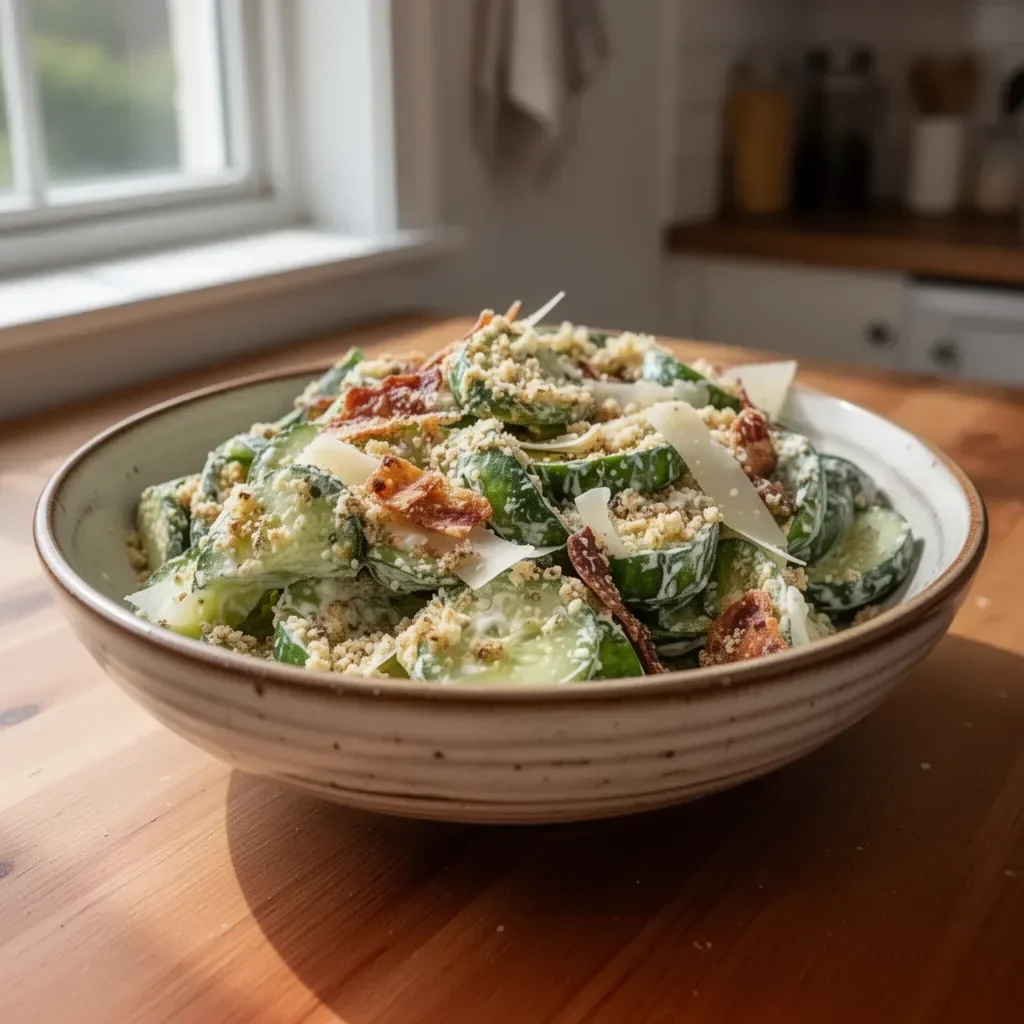Cucumber Caesar Salad with fresh ingredients and Caesar dressing