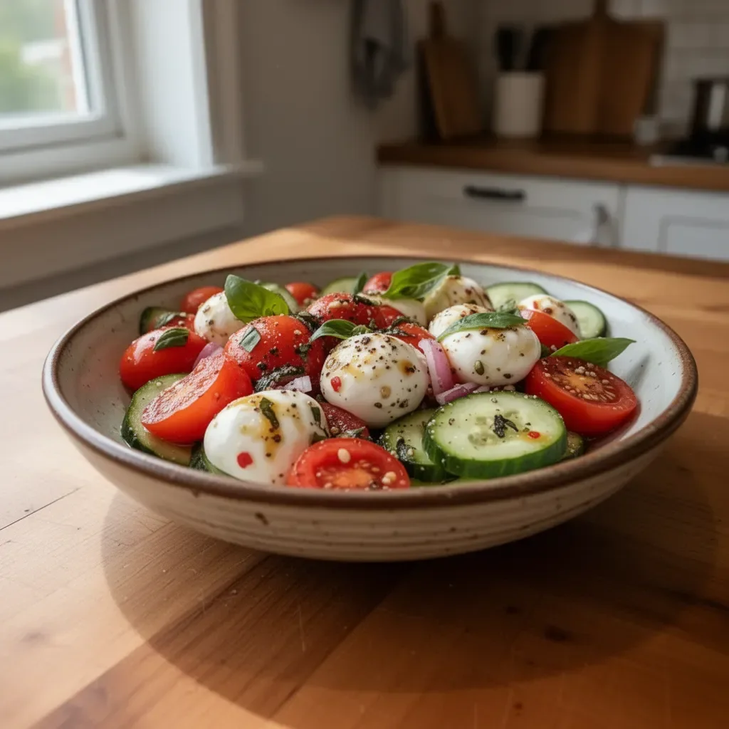 Fresh Cucumber Caprese salad with tomatoes and mozzarella cheese