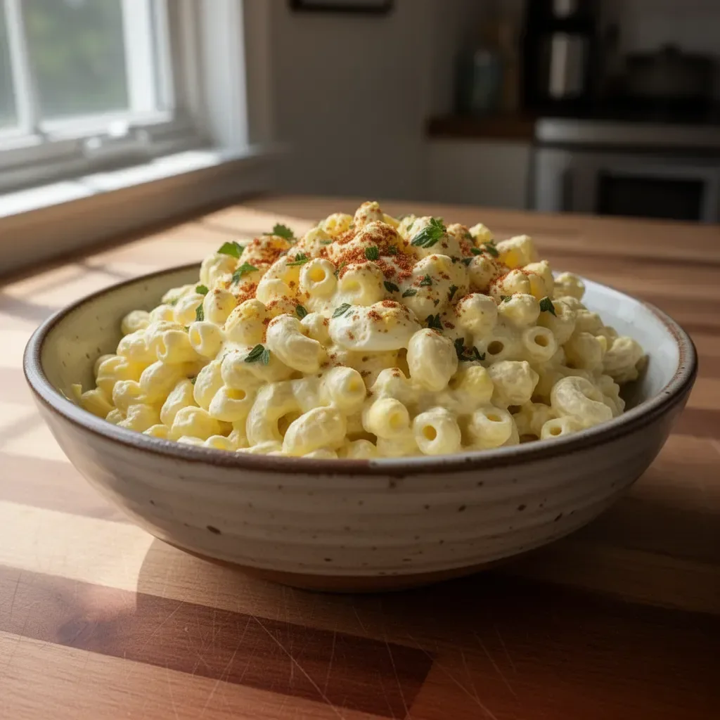 Bowl of deviled egg macaroni salad garnished with paprika and herbs