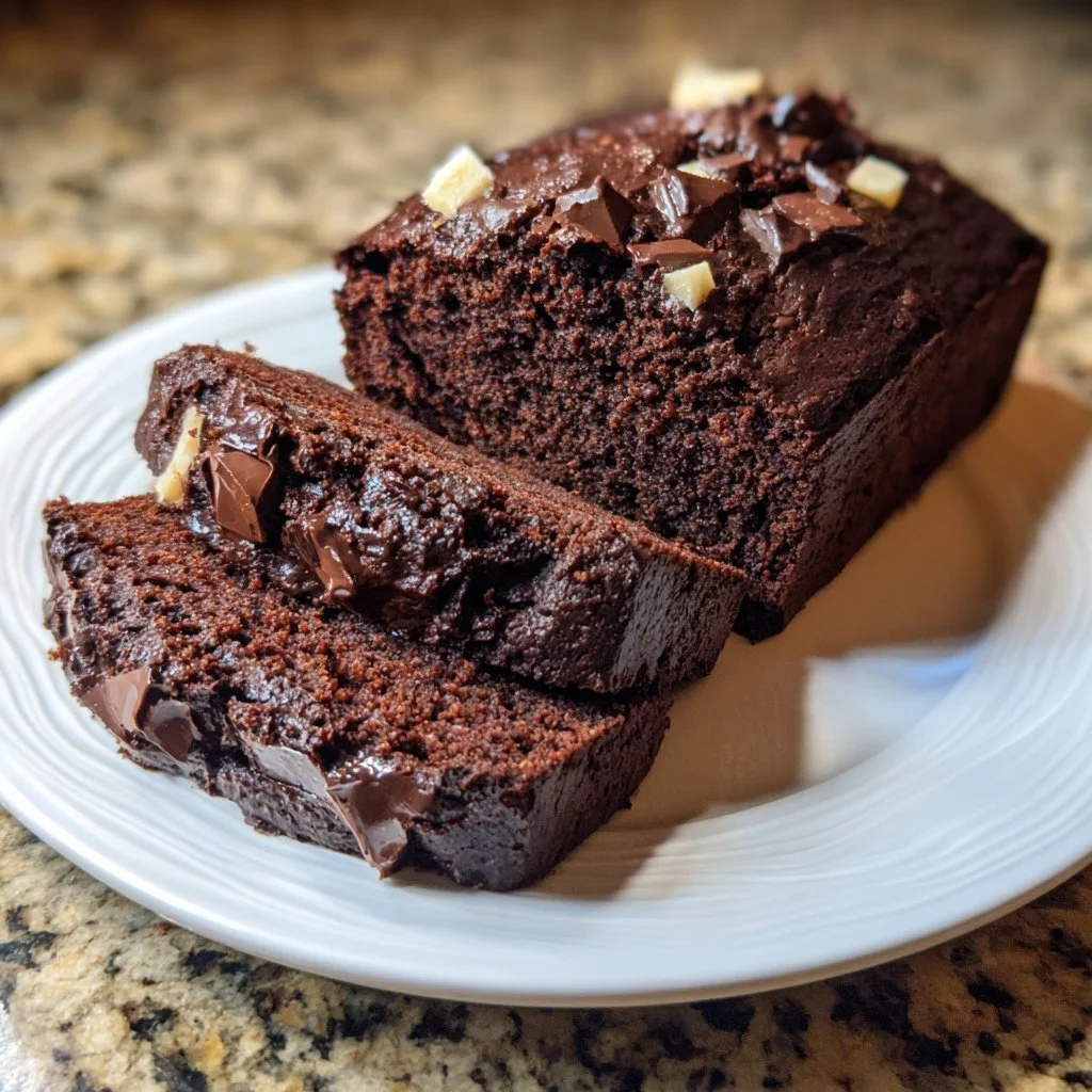 Slice of double chocolate banana bread topped with chocolate chips
