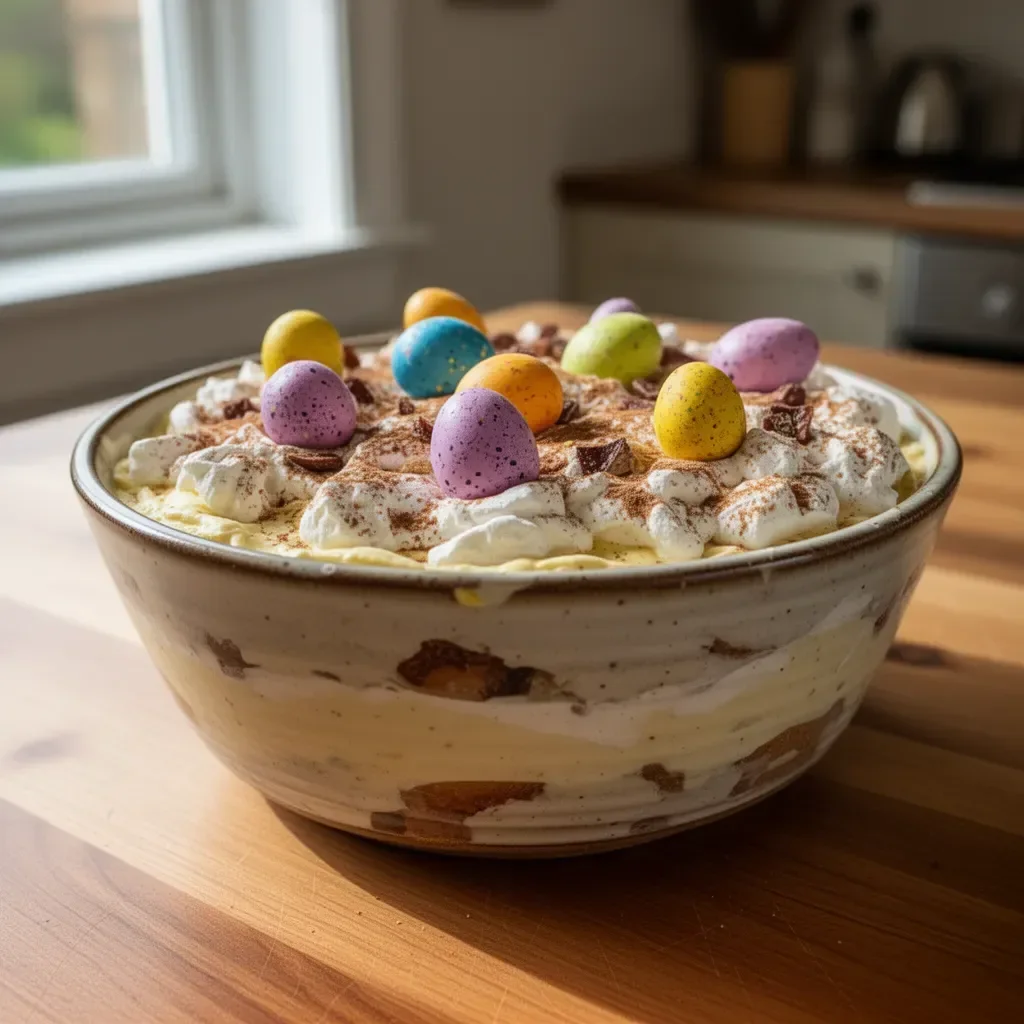 Delicious Easter Trifle dessert with layers of fruit and cream