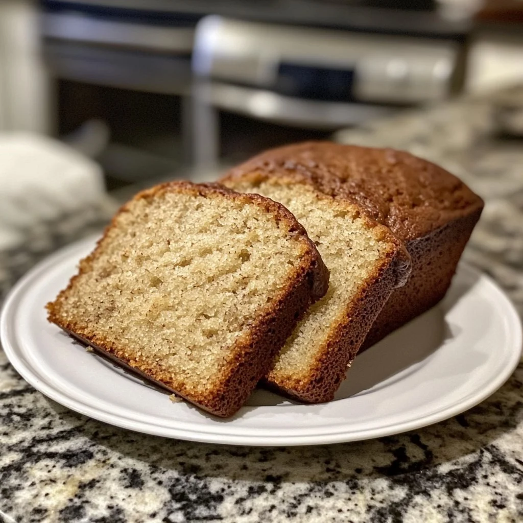 Slice of easy cake mix banana bread on a wooden table