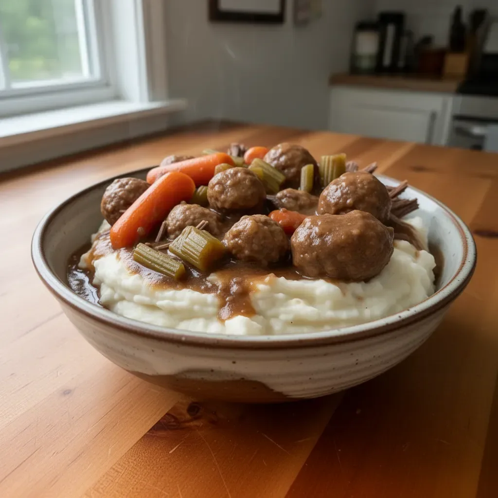Delicious Easy Frozen Meatball Pot Roast served with vegetables in a bowl.