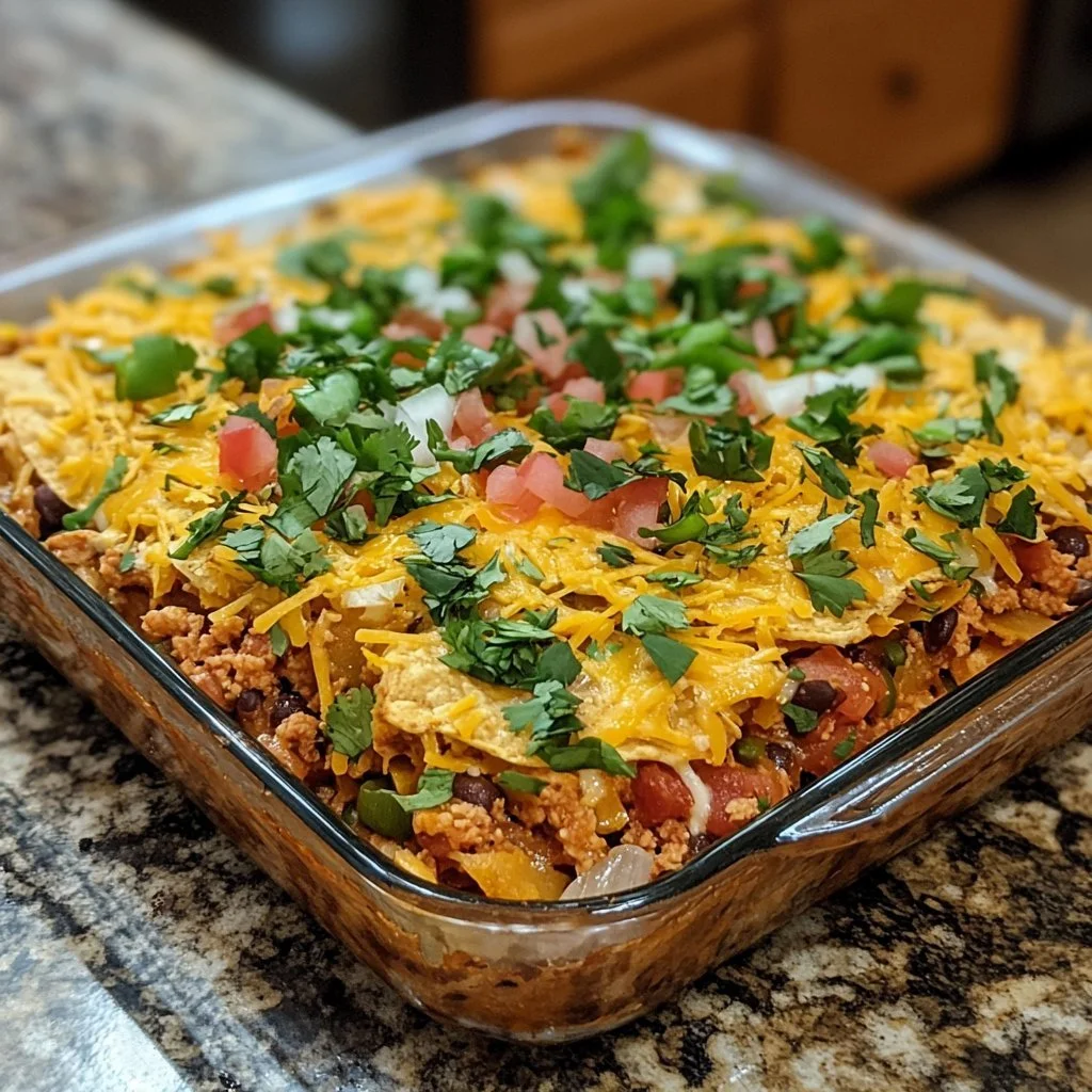 Delicious easy layered taco bake topped with cheese and fresh toppings