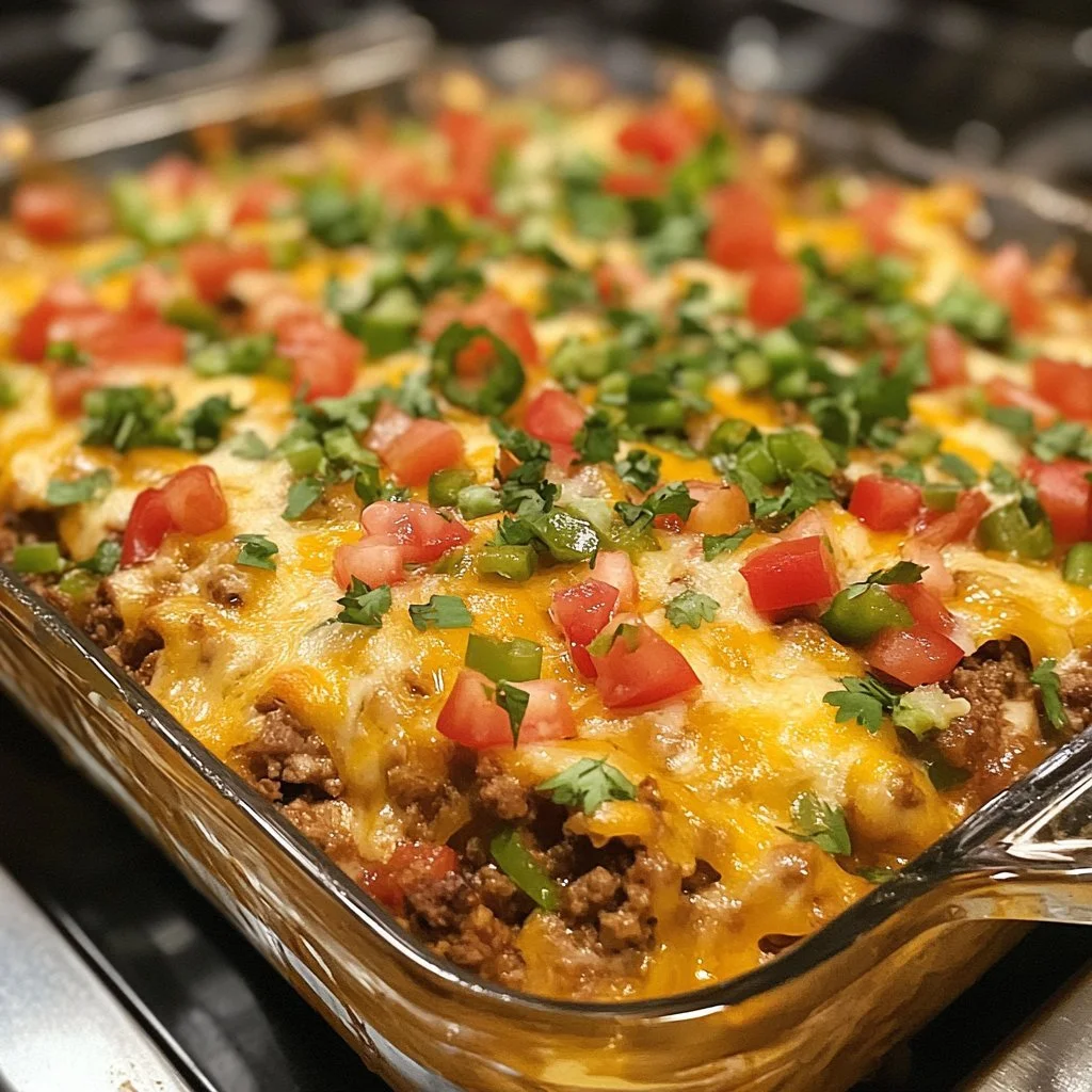 Easy loaded taco beef casserole topped with cheese and served in a baking dish.