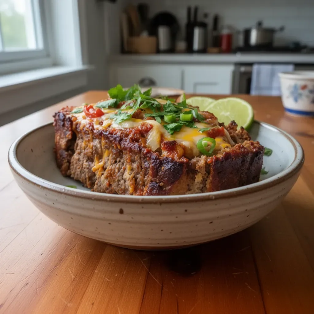 Delicious easy Mexican taco meatloaf served with toppings.