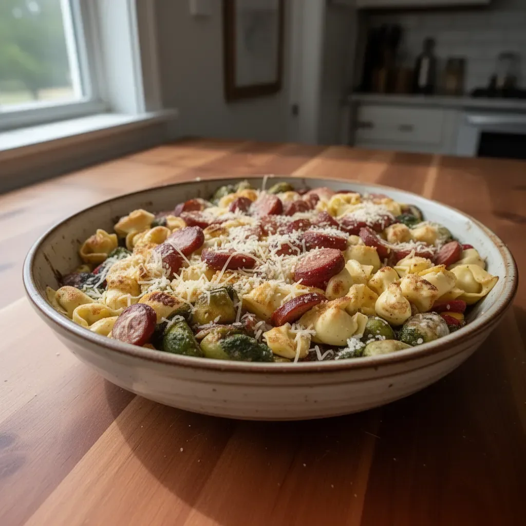 Easy sheet pan tortellini with kielbasa and vegetables on a baking tray.
