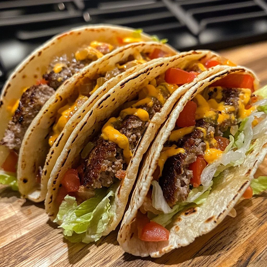 Delicious easy smash burger tacos with fresh toppings on a plate