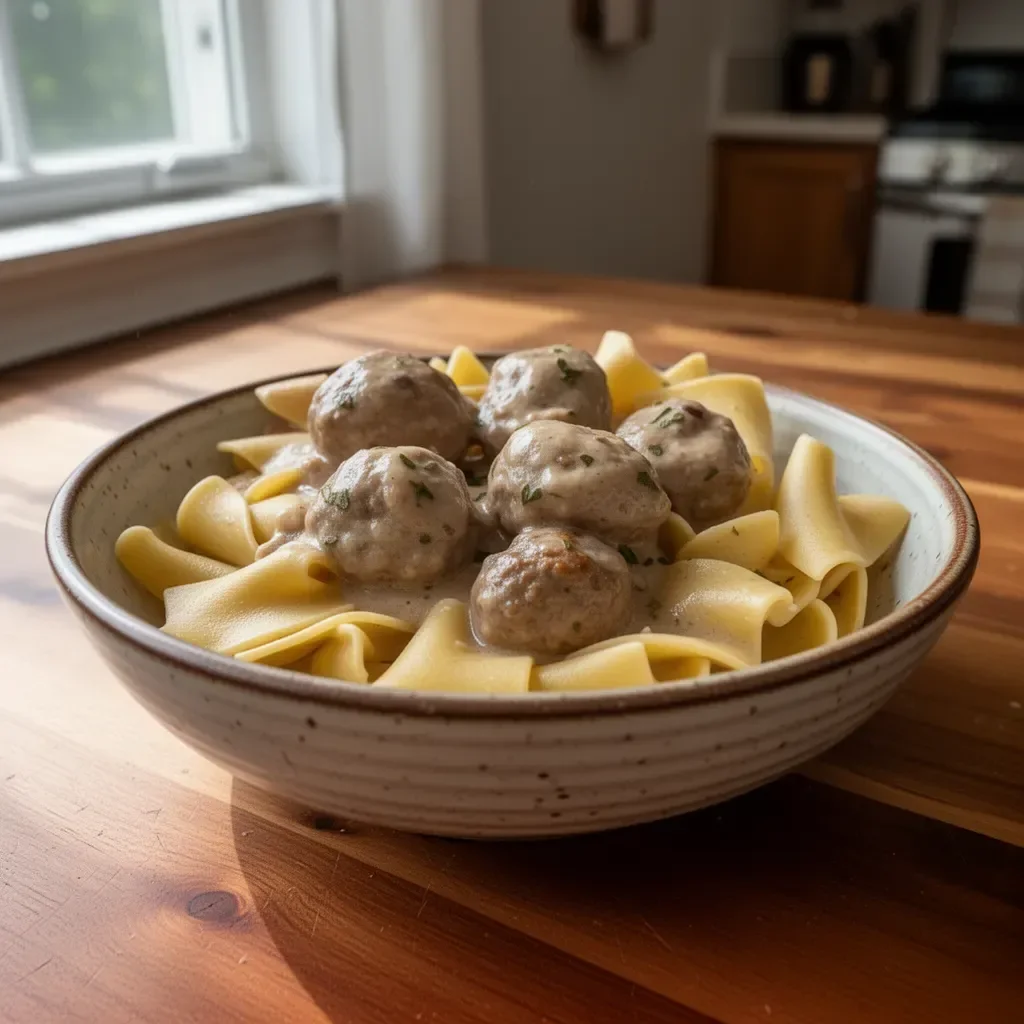 Easy Swedish meatballs being served from a crockpot.