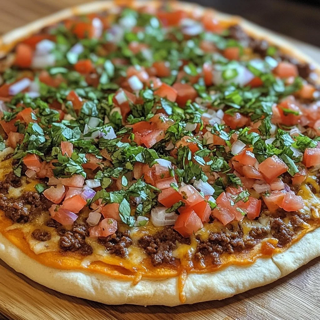 Delicious easy taco pizza topped with fresh ingredients