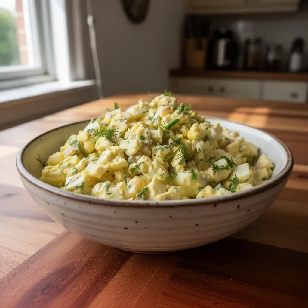A fresh bowl of homemade egg salad with herbs and spices