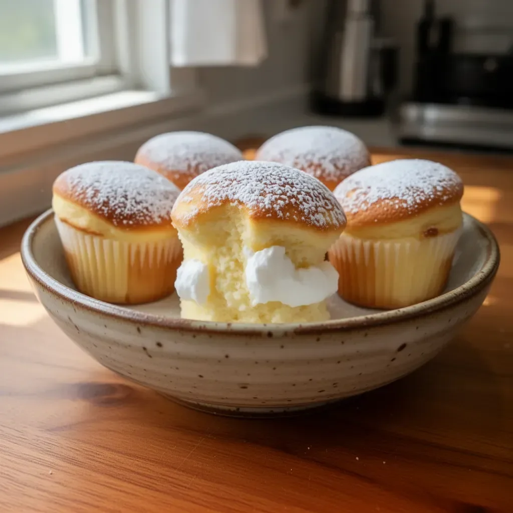 Fluffy Japanese Cotton Cheesecake Cupcakes topped with fresh cream and berries