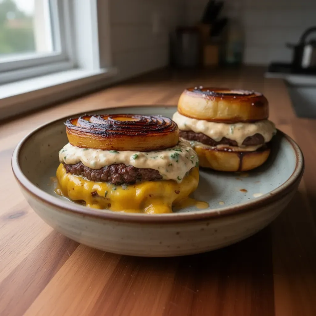 Homemade Flying Dutchman Burger recipe served with toppings