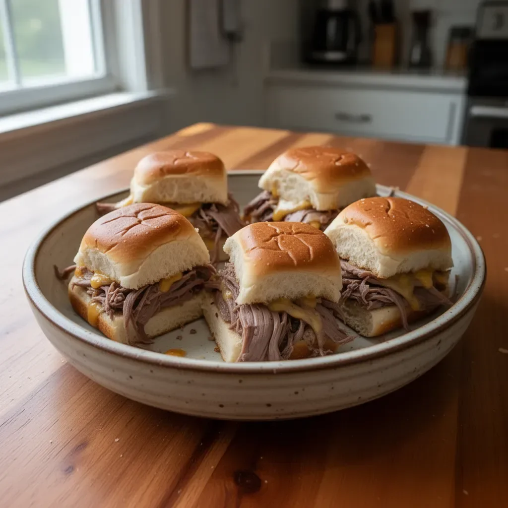 Delicious French Dip Sliders served with au jus for dipping