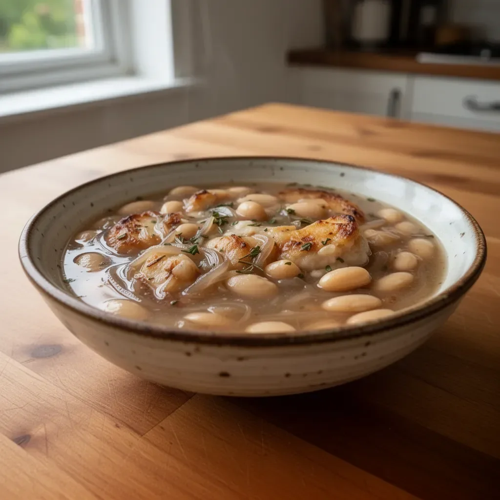 Bowl of French Onion and Butter Bean Soup topped with melted cheese and herbs