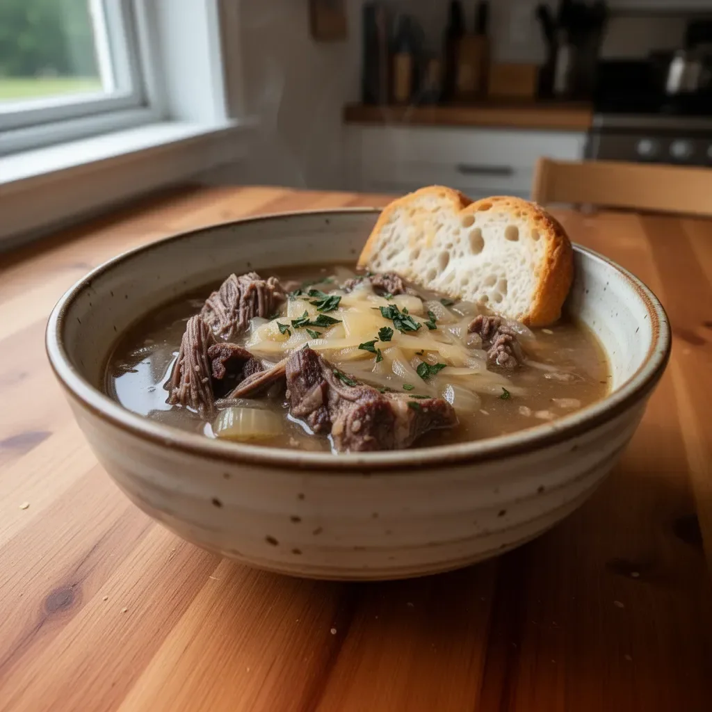 Bowl of hearty French Onion Beef Short Rib Soup garnished with herbs
