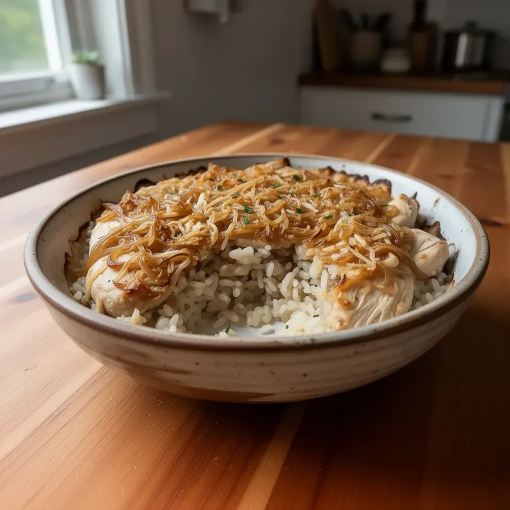 French Onion Chicken Rice Bake topped with melted cheese and herbs