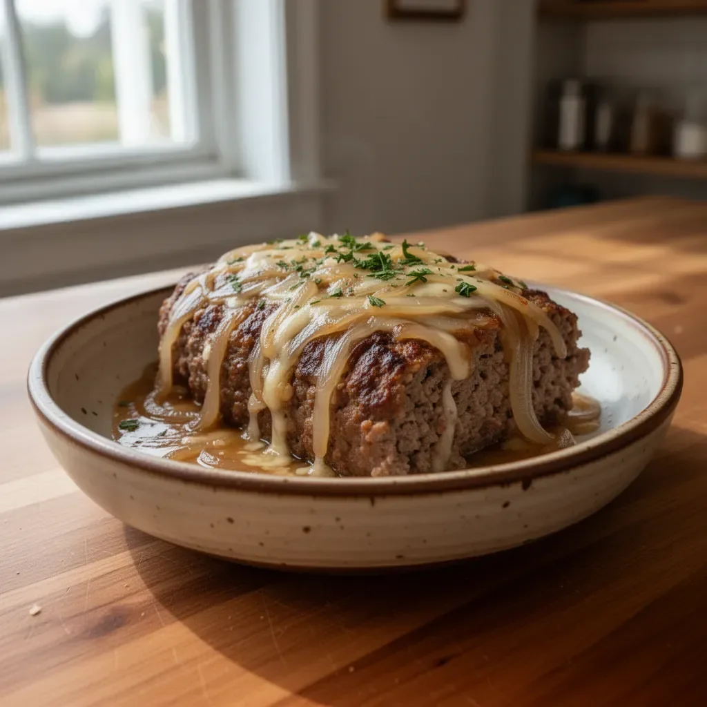Delicious French Onion Meatloaf served on a plate
