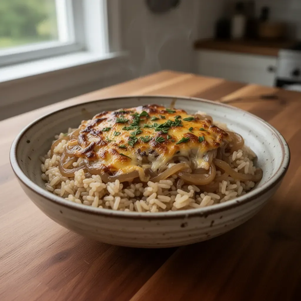 A bowl of French onion soup rice topped with melted cheese and herbs.