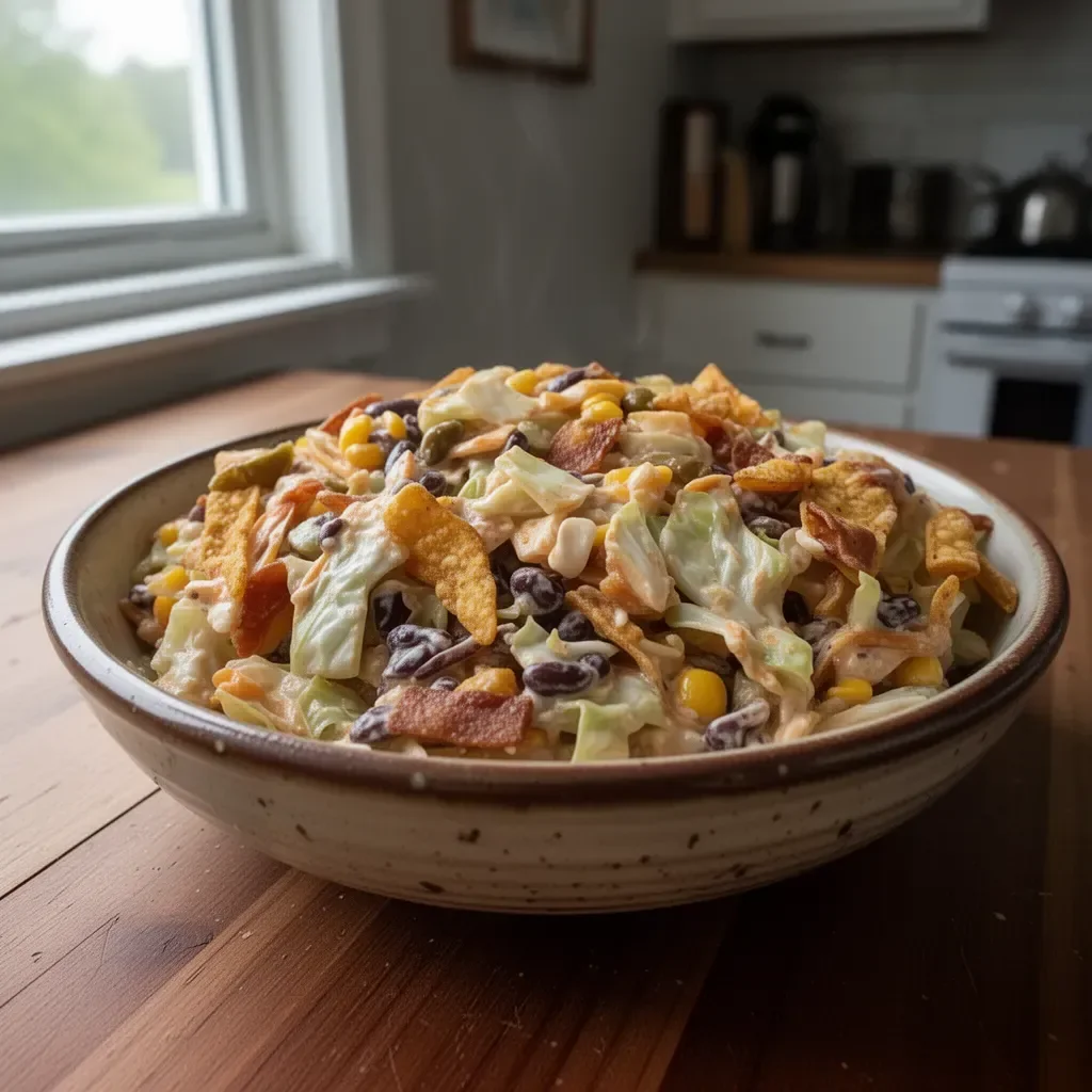 A delicious serving of Frito Cowboy Cabbage with toppings in a bowl