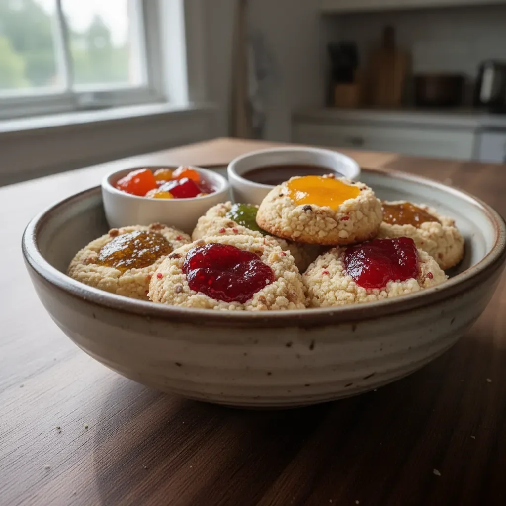 Delicious fruity thumbprint cookies with colorful jam filling on a plate.