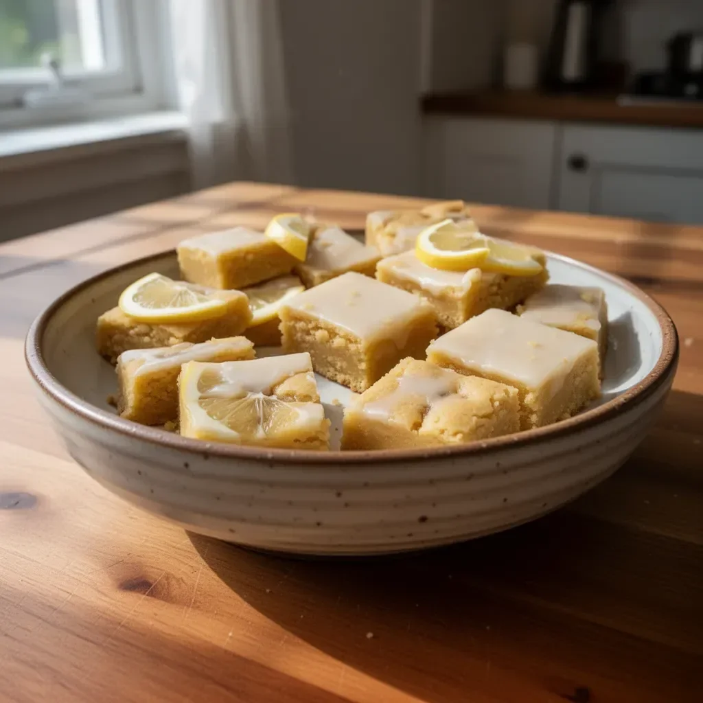 Delicious fudgy lemon blondies served on a dessert plate