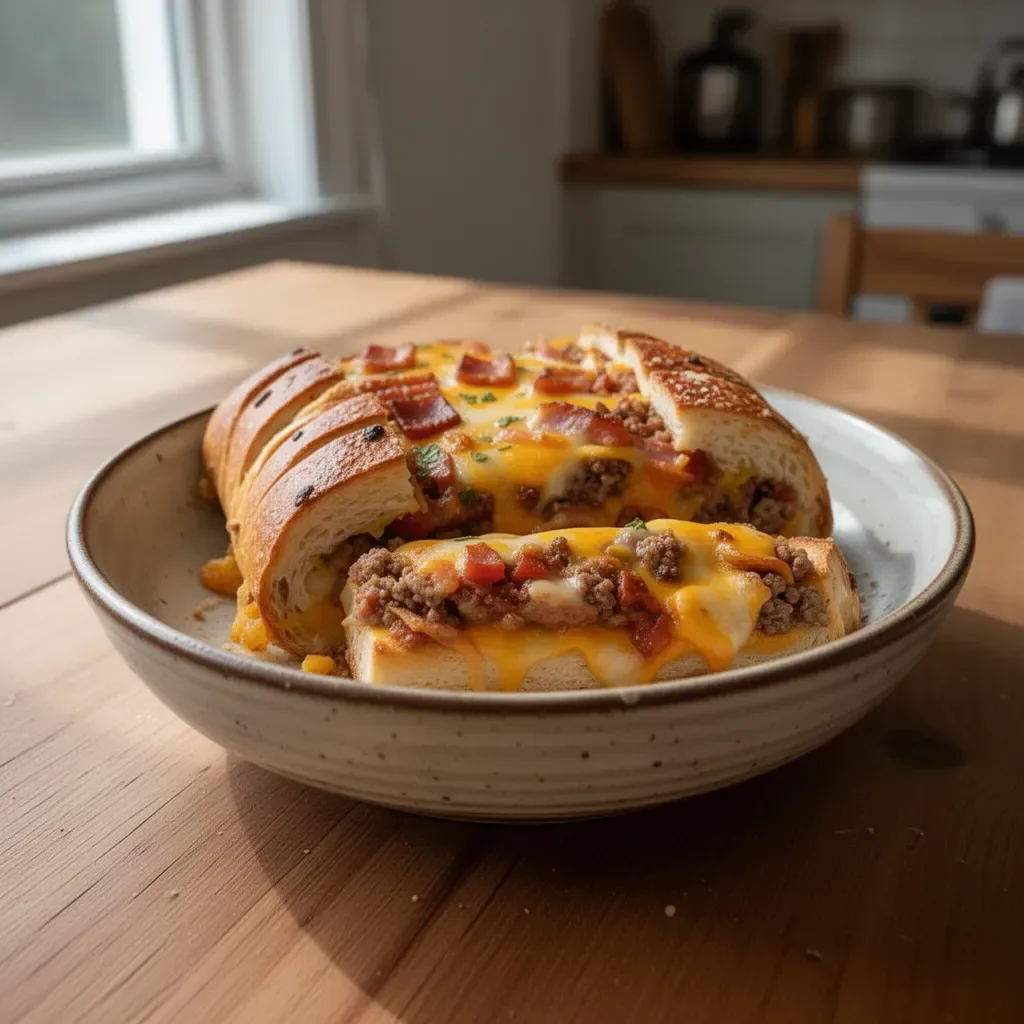 Freshly baked Garbage Bread filled with mixed vegetables and cheese