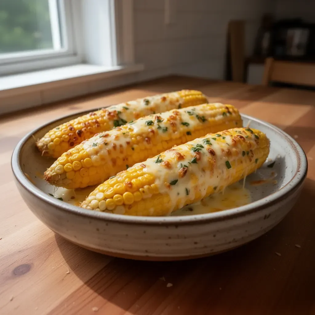 Delicious Garlic Butter Cheese Corn on the Cob served on a plate