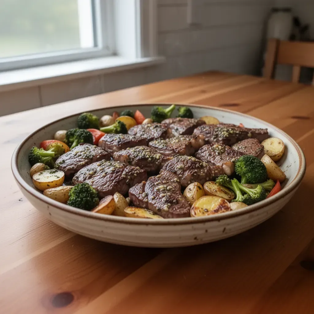 Garlic Butter Steak and Veggies Sheet Pan Dish Ready to Serve