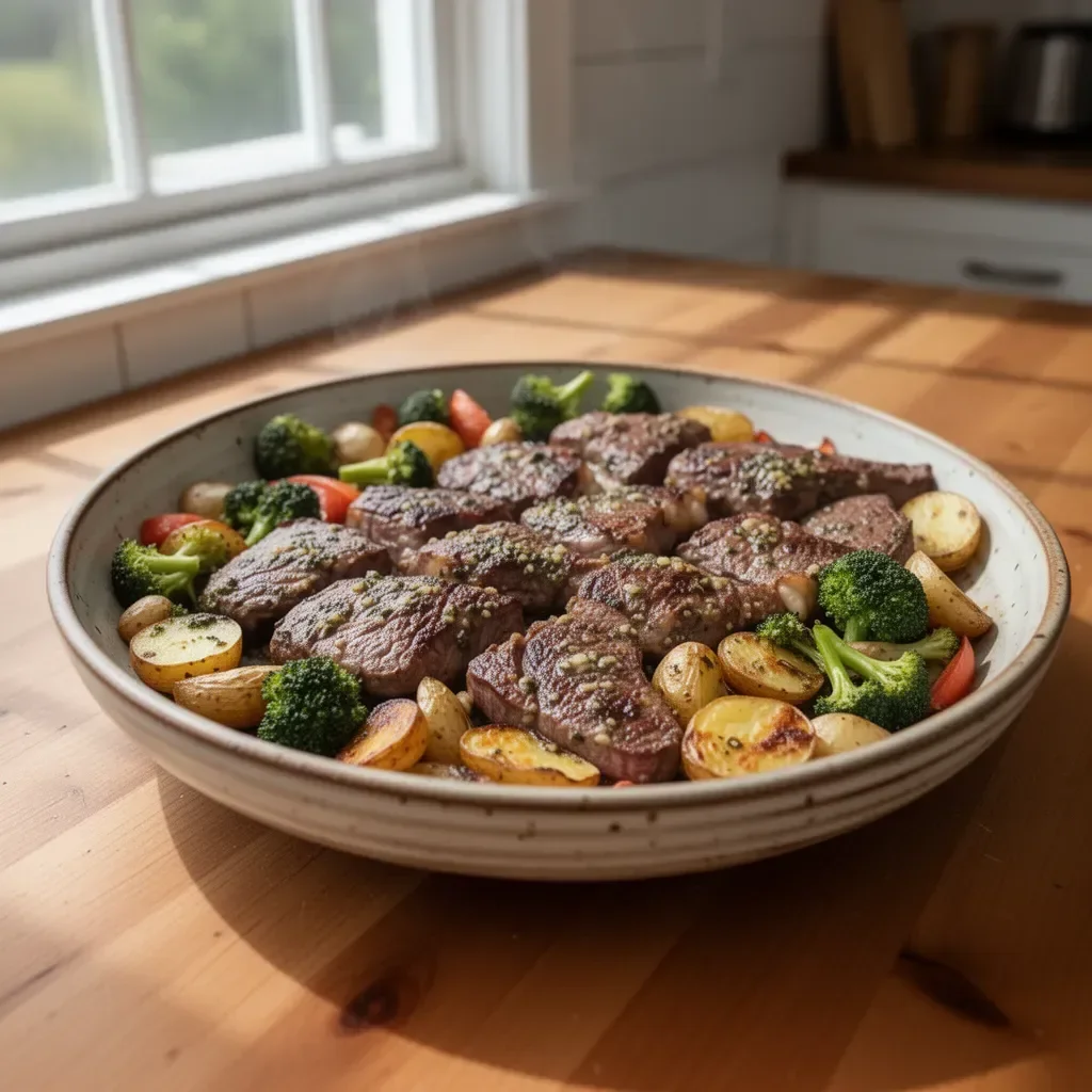 Garlic Butter Steak with roasted vegetables on a sheet pan