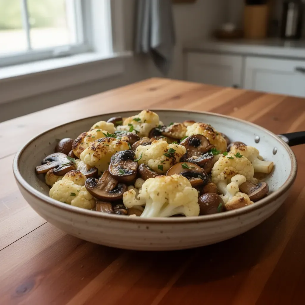 Delicious Garlic Cauliflower Mushroom Skillet meal with vibrant veggies