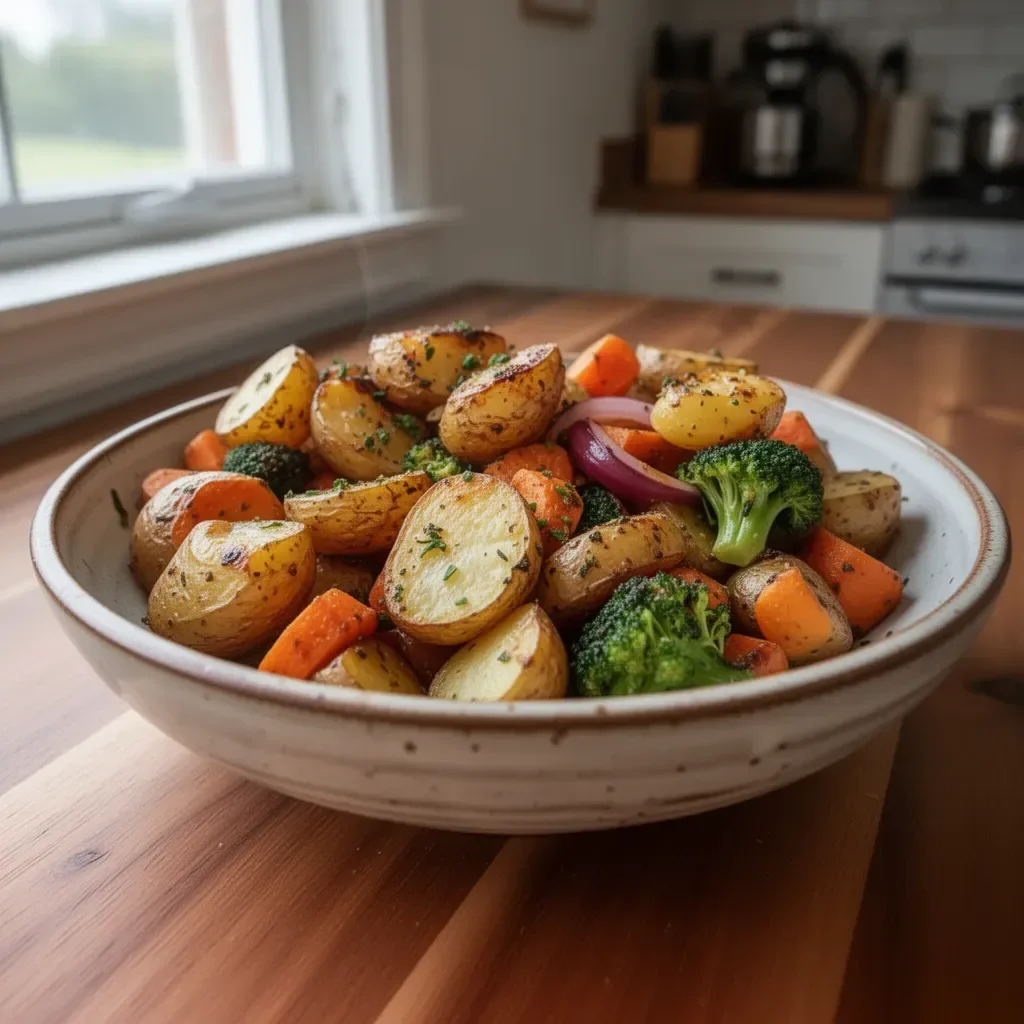 Delicious garlic herb roasted potatoes and mixed veggies in a baking dish