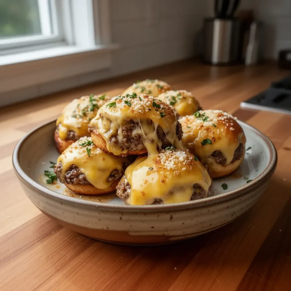 Delicious Garlic Parmesan Cheeseburger Bombs, perfect for a gourmet snack.