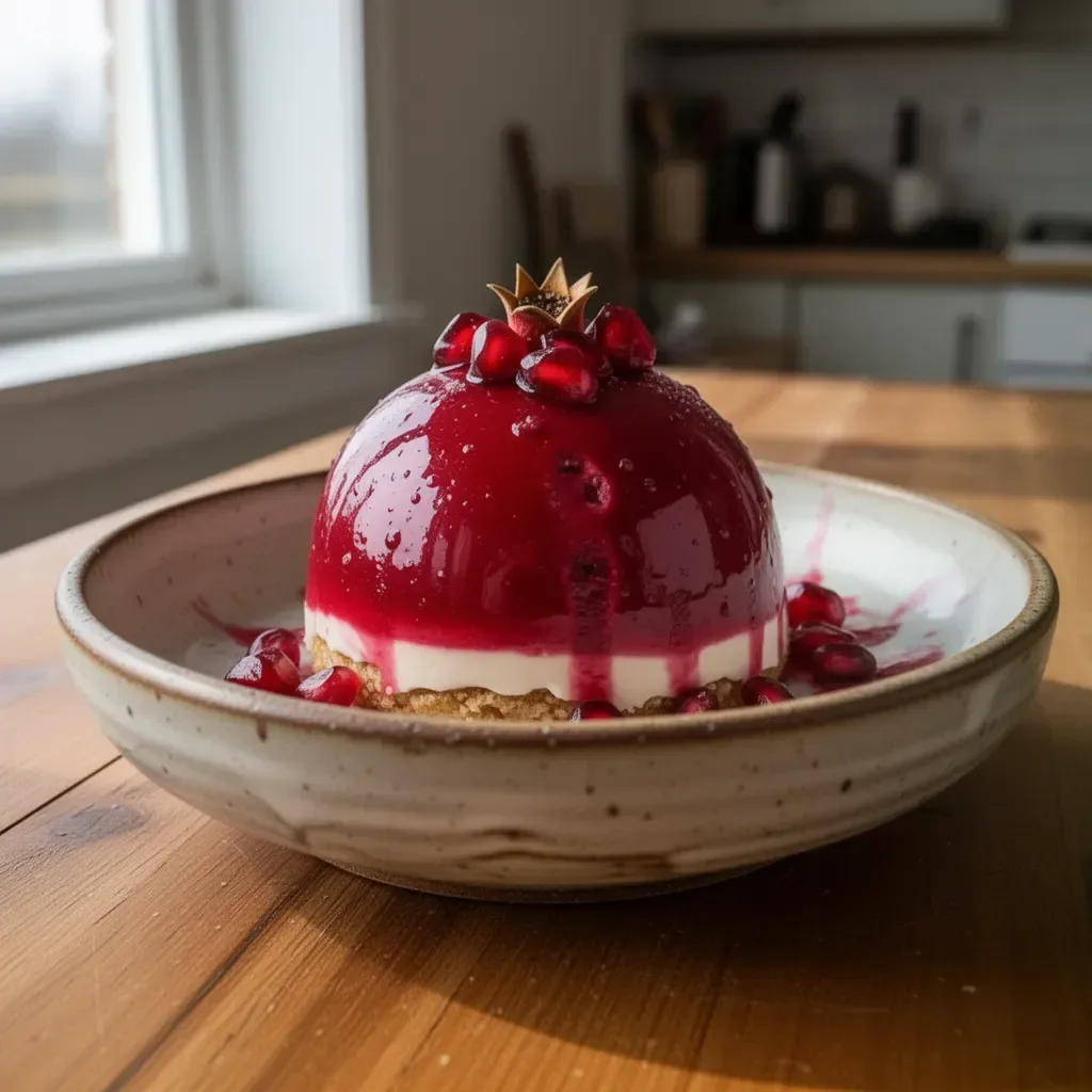 Glossy pomegranate mousse domes, an elegant dessert with vibrant color and rich flavor.