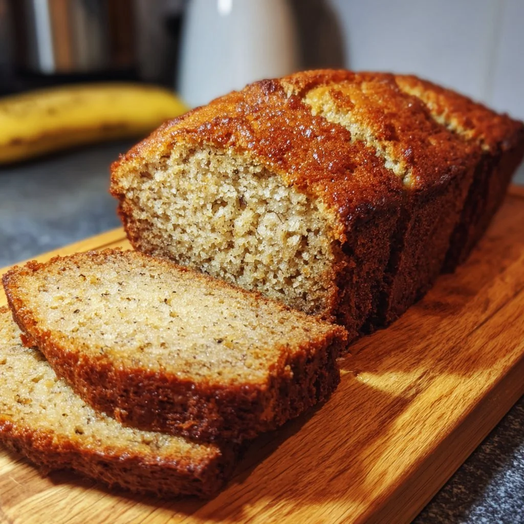 Freshly baked gluten-free banana bread sliced on a wooden board